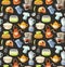 Seamless pattern with kitchen tools and cooking icons.