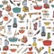Seamless pattern with kitchen utensils and appliances. Isolated elements on white background.