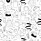 Seamless pattern with kitchen utensils. Kitchen items, teapots and glasses, saucepan and coffee maker, ladle and coffee