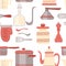 Seamless pattern. Kitchen utensils set. Kitchenware, cookware, kitchen tools collection. Modern kitchen utensil icons in arabic