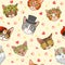 Seamless pattern with kittens. Cat heads in hats and glasses, flower wreath. Ladies and gentlemen hipster animals