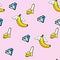 Seamless pattern with kline icons of flying bananas and diamonds - doodle abstract background