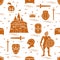 Seamless pattern with knight, castle, shields, swords, cuirass, helmet, crown, treasure chest. Design for banner or print