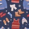 Seamless pattern with knitted winter clothes on dark background. Backdrop with woolen seasonal clothing or apparel. Flat