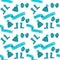 Seamless pattern of knitted winter clothing hats, socks, mittens, scarves and winter knitting blue turquoise on a white background