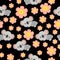 Seamless pattern with koala babies and pink flowers. Black background. Floral ornament. Flat Ñartoon style. Cute and funny