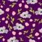 Seamless pattern with koala babies and pink tulips. Purple background. Floral ornament. Flat Ñartoon style. Cute and funny.
