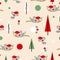 Seamless pattern with koala babies in red Christmas hats sleeping on eucalyptus. Fir trees. Set Sail Champagne background. White,