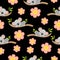 Seamless pattern with koala babies sleeping on eucalyptus branches and pink flowers. Black background. Flat design. Cartoon style
