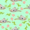 Seamless pattern with koala babies sleeping on eucalyptus branches and pink tulips. Light green background. Flat design