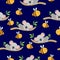 Seamless pattern with koala babies sleeping on eucalyptus branches and Yellow bees. Dark blue background. Flat design
