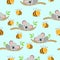 Seamless pattern with koala babies sleeping on eucalyptus branches and Yellow bees. Light blue background. Flat design