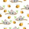 Seamless pattern with koala babies sleeping on eucalyptus branches and Yellow bees. White background. Flat design. Cartoon style.