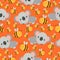 Seamless pattern with koala babies and yellow bees. Orange background. Floral ornament. Flat Ñartoon style. Cute and funny