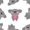 Seamless pattern. Koala bear holding pink heart. Cute cartoon funny baby character. Kawaii animal. Kids childish texture for
