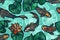 Seamless pattern with koi carp fish, flowers and leaves of the lotus. Pond. Background in the Chinese style. Hand drawn.