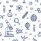 Seamless pattern with laboratory equipment, attributes of science, scientific experiment, research drawn with contour