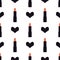 Seamless pattern of ladies icon. Black simple heart and lipstick. Women`s accessories. Fashion beauty illustration in vector