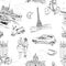 Seamless pattern landmarks and cafes of France. Place mat template design. Hand drawn sketch