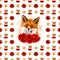 Seamless pattern with large and small cute fox faces with open and closed eyes, poppies bouquets and spiral elements