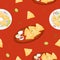 Seamless pattern with latin american food. Mexican Quesadilla in plate with sauces on red background with lime slices