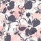 Seamless pattern with layered soft flowers in grey and pink with a white background.