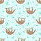 Seamless pattern of lazy cute sloths and leaves. Hand-drawn illustration of sloth for children, tropical summer, textile, print,