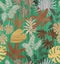 Seamless pattern leaf graphics wooden texture surface with tropical leaves.