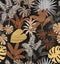 Seamless pattern leaf graphics wooden texture surface with tropical leaves.