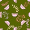 Seamless pattern with leafy elements and teacups