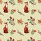 Seamless pattern with leaves, branches, berries,maple, cute fox .