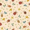 Seamless pattern with leaves, hearts and ladybirds