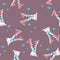 Seamless pattern legs of a girl in striped socks and pink skates on a blue snowy background