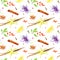 Seamless pattern of a lemon, cinnamon, vanilla, cloves, star anise,saffron,barberry.