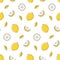 Seamless pattern lemon outline with spots. Whole, pieces, and leaves.