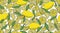 Seamless pattern. Lemon whole and slices, leaves of lemon tree, hand drawing. Vector illustration