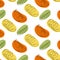 Seamless pattern of lemon zest, orange slice and green leaf with colorful spots in trendy shades.