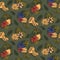 Seamless pattern with lemons, fruits, palms and blossoms.