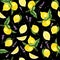 Seamless pattern with lemons, leaves and lavender, watercolor painting.