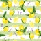 Seamless pattern with lemons, leaves and lavender, watercolor painting.