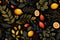 a seamless pattern with lemons oranges and berries on a black background