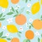 Seamless pattern with lemons and oranges, tropic fruits, leaves, flowers. Fruit repeated background. Plant template for cover, fab