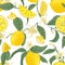 Seamless pattern with lemons, whole and cut into pieces, flowers and leaves on white background. Backdrop with citrus