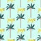 Seamless pattern of leopards and palm trees on a blue background.