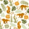 Seamless pattern with leopards in tropical leaves, cacti and succulents. Wildlife, flora and fauna.