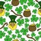 Seamless pattern with a leprechaun, a cauldron with coins and a staff, a symbol of good luck clover on a white background