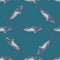 Seamless pattern lesser rorqual on teal background. Template of cartoon character of ocean for fabric