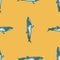 Seamless pattern lesser rorqual on yellow background. Template of cartoon character of ocean for fabric