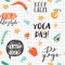 Seamless pattern with lettering phrases, leaves, flowers, vegetables and fruit.