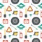 Seamless pattern with lift jack, tow rope, first aid kit, fire extinguisher, spare wheel, shovel, brush.